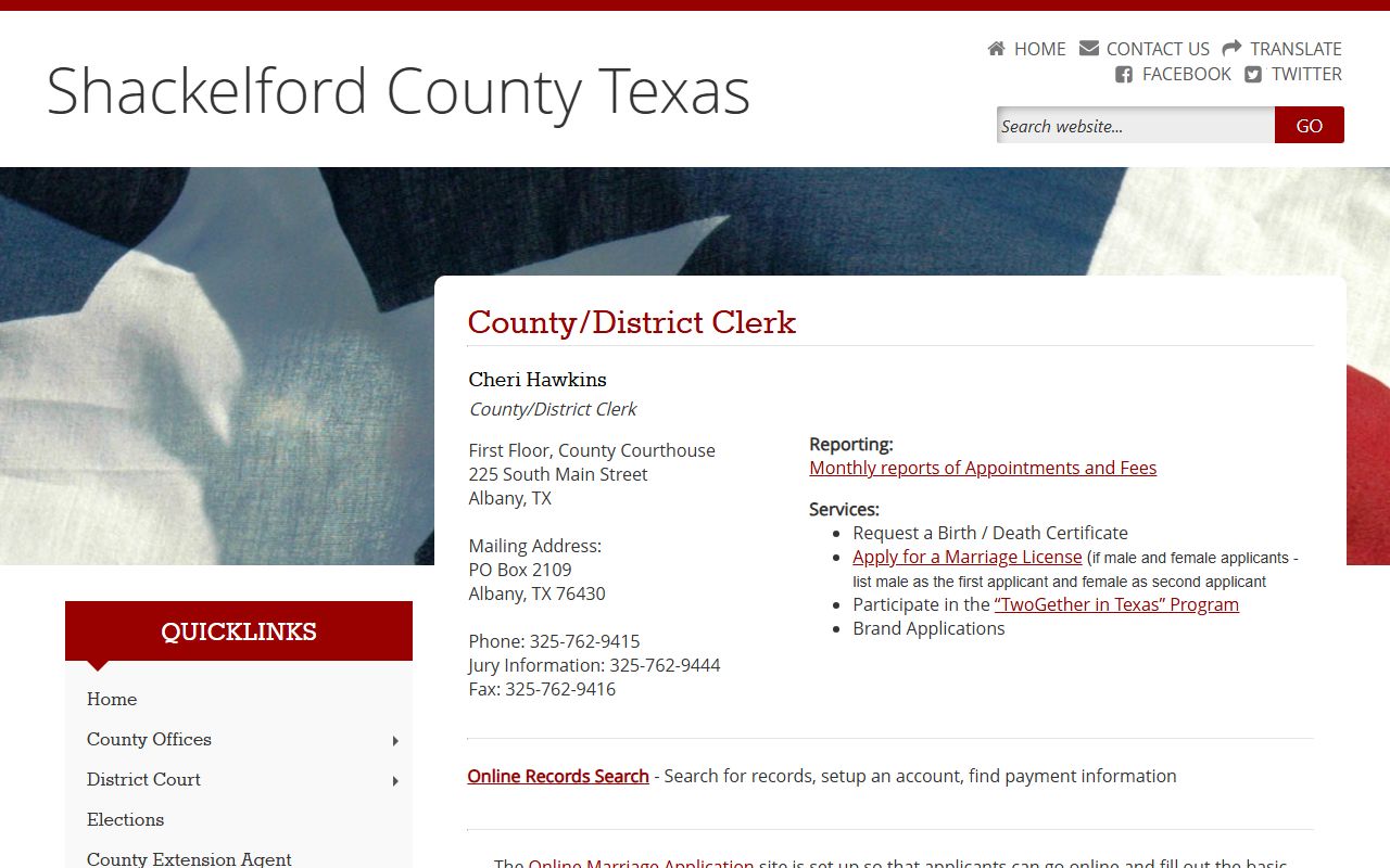 Shackelford County District Clerk court records page after arrest