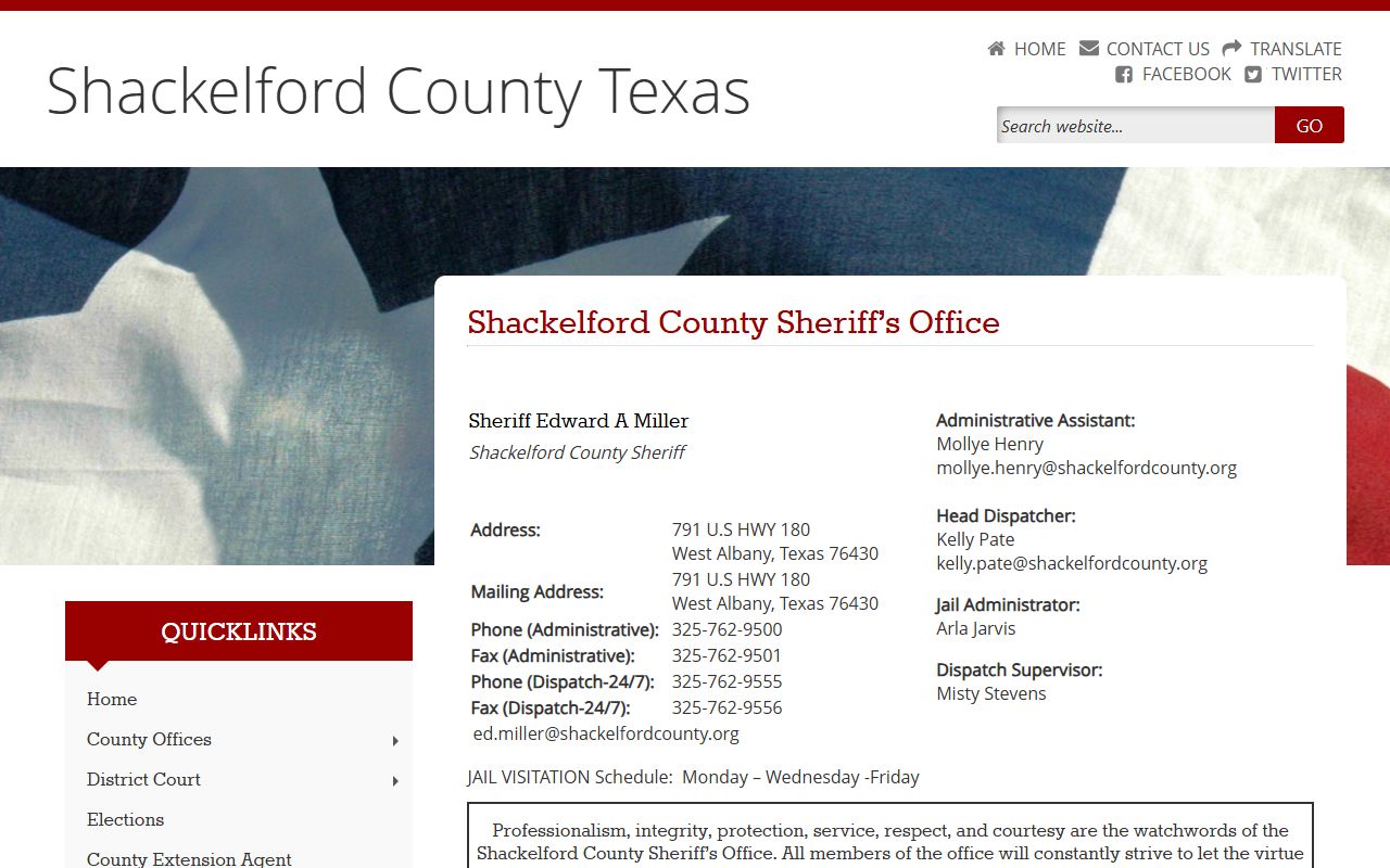 Shackelford County sheriff page for inmate population and jail records